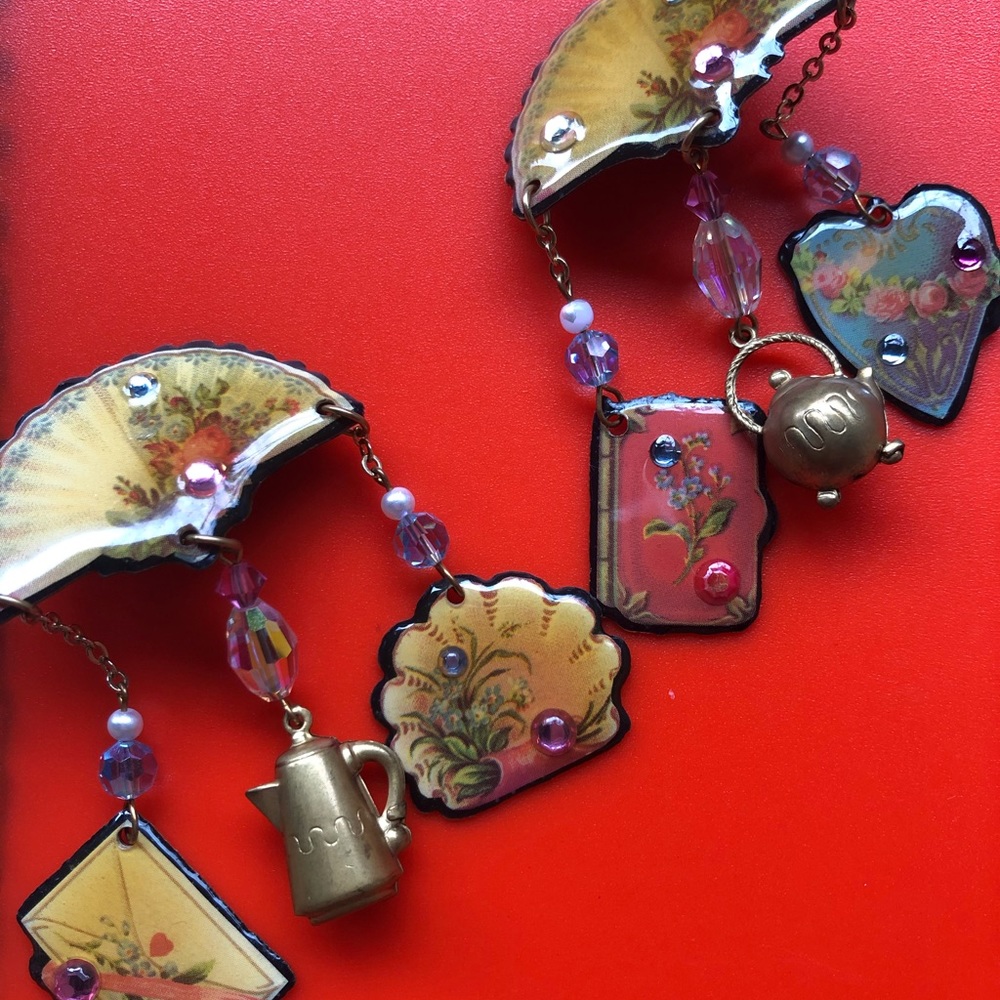 Vintage DftD Decoupage Enamel on Copper Earrings.